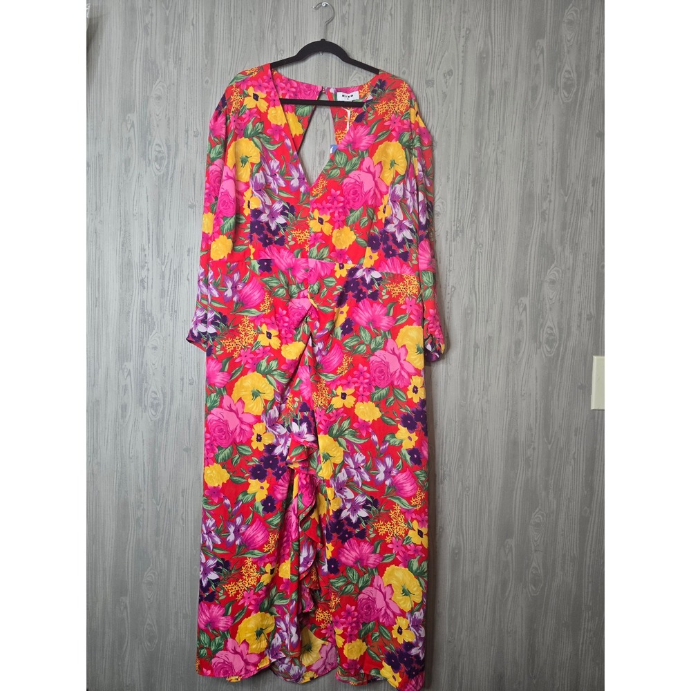 RIXO for Target Floral Open Back Maxi Dress Red Multi Long Sleeve Plus 28W 30W